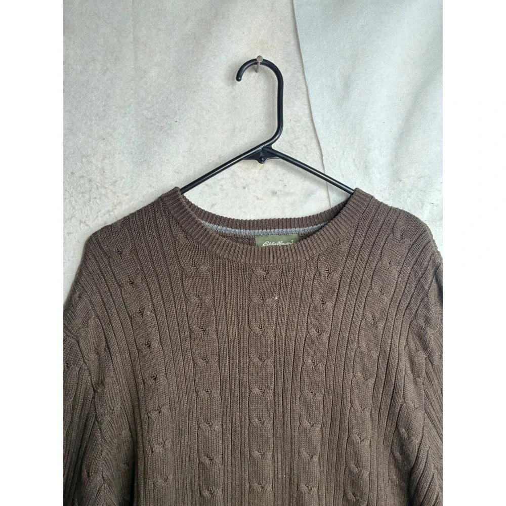Eddie Bauer Mens Brown Cable Knit Cotton Crew Neck Sweater Large Tall L T 6298